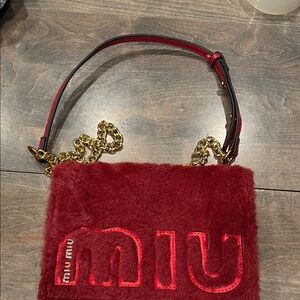 Miu Miu Red Fur Crossbody Bag with Gold Chain